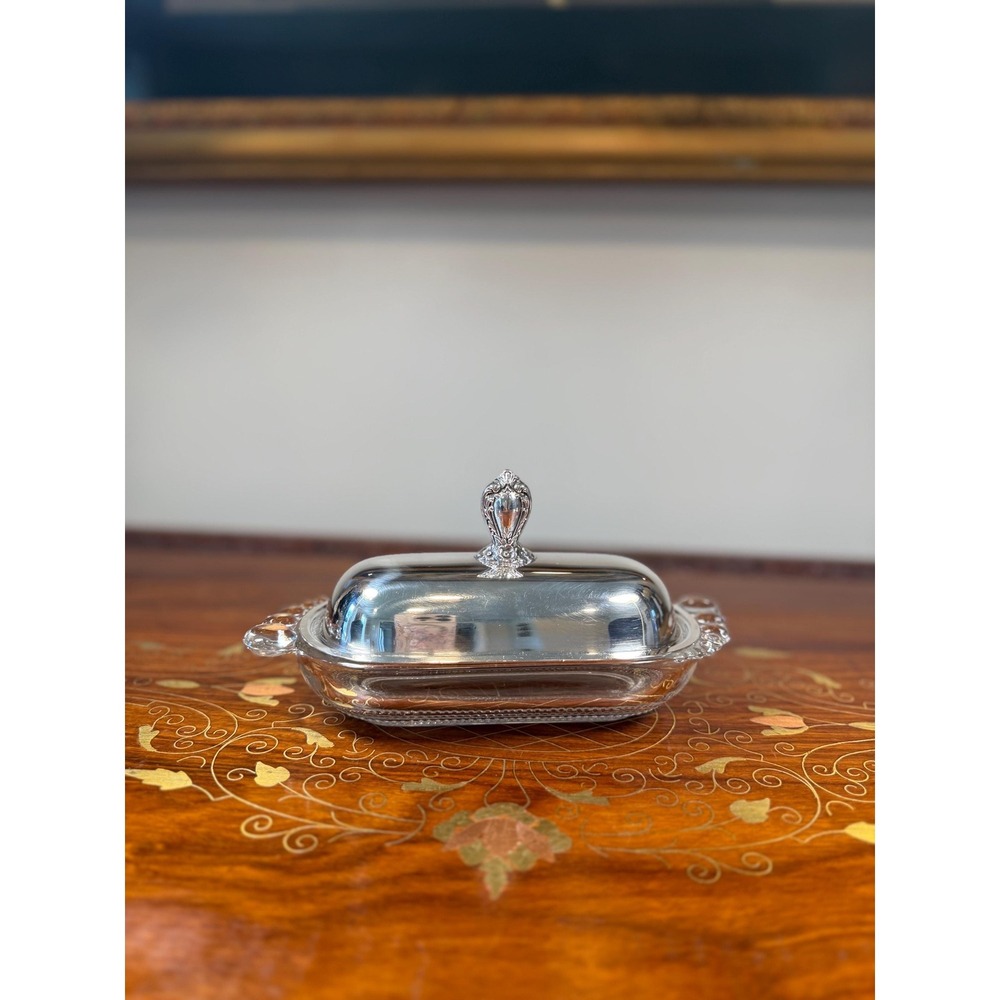 Vintage 1847 Rogers Bros Butter Dish • Silverplate Lid & Pressed Glass Base